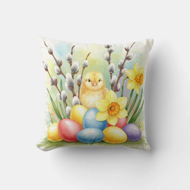 Påsk Chick Daffodils, Tulips Pillow Kudde (Framsida)