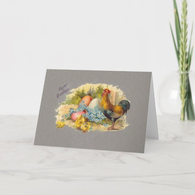 Påsk - Chickar, ägg och Tupp - vykort för antikvit (Framsida)