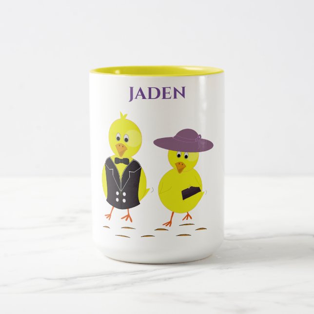 Påsk chickar med personlig namn. Två-Tonad mugg (Center)