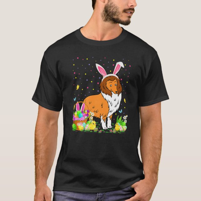 Påsk Collie Hund Bunny Egg Hunting Collie Påsk T Shirt (Framsida)