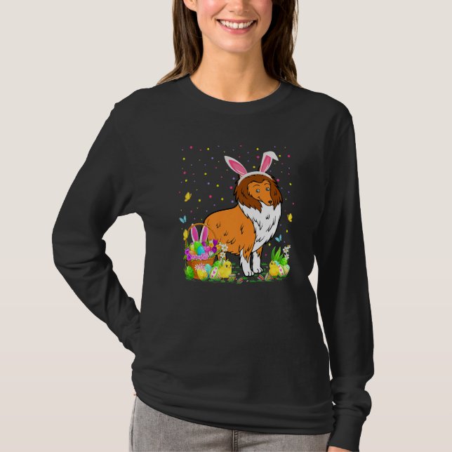 Påsk Collie Hund Bunny Egg Hunting Collie Påsk T Shirt (Framsida)