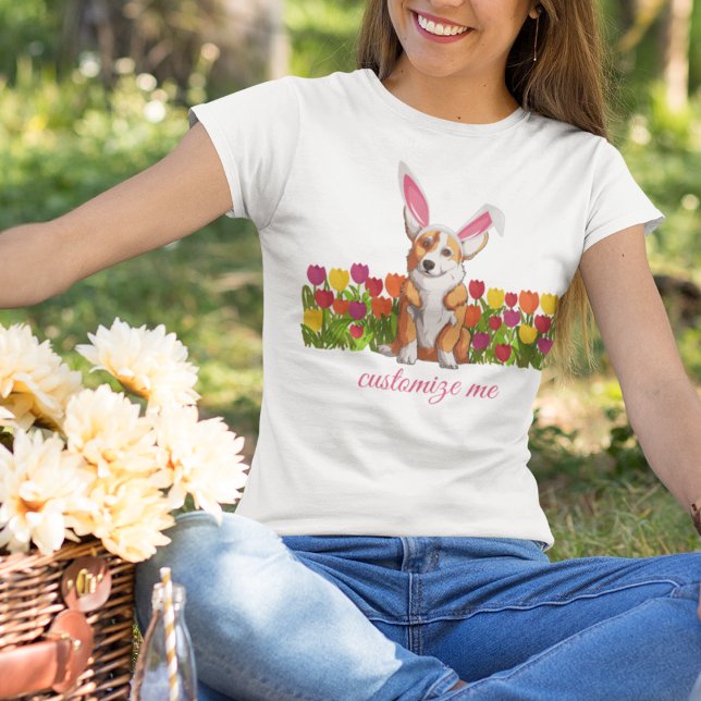 Påsk Corgi Bunny Öron Flowers Cute Anpassningsbar T Shirt (Skapare uppladdad)