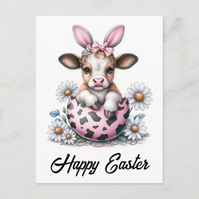 Påsk Cow Rosa Egg Bunny Öron Vykort (Framsida)