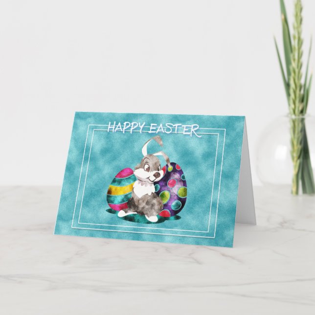 Påsk - Cute Bunny med ägg Helgkort (Framsida)