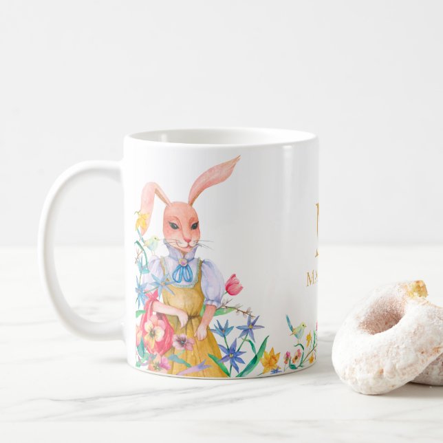 Påsk Cute Bunny Rabbit Vår blommor Monogram Kaffemugg (Med munk)