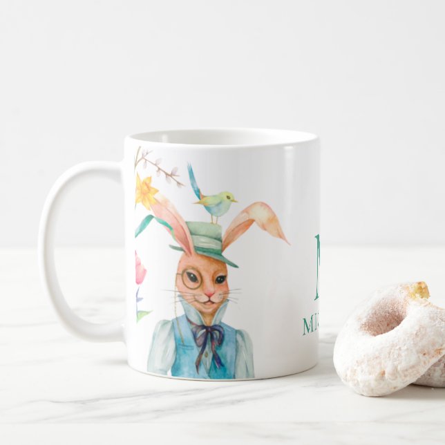 Påsk Cute Bunny Rabbit Vår blommor Monogram Kaffemugg (Med munk)