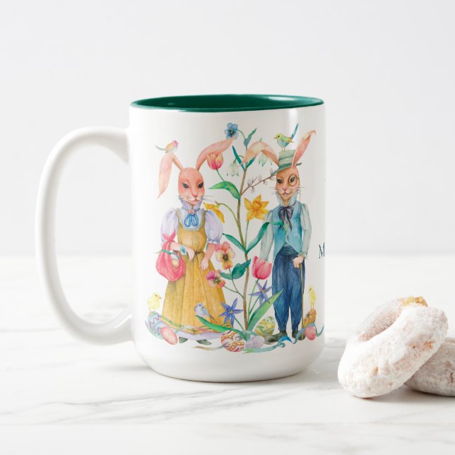 Påsk Cute Bunny Rabbits Vår blommor Monogram Två-Tonad Mugg (Med munk)