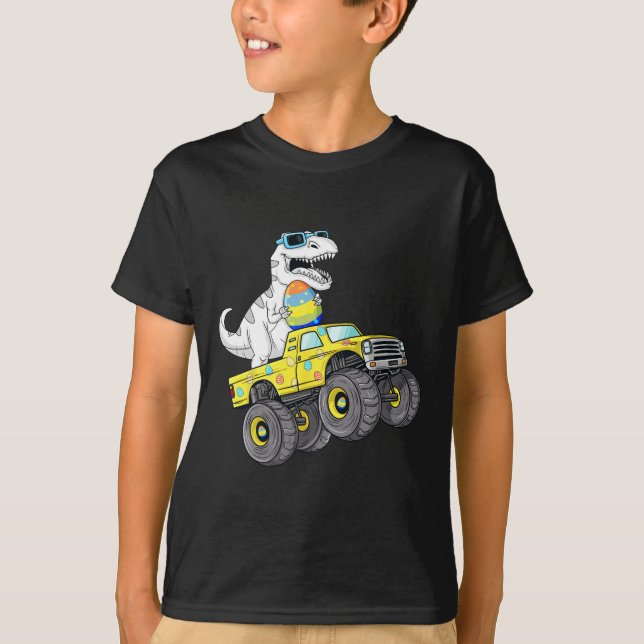 Påsk Dag T Rex Dino Riding a Monster Lastbil Boys Shirt (Framsida)