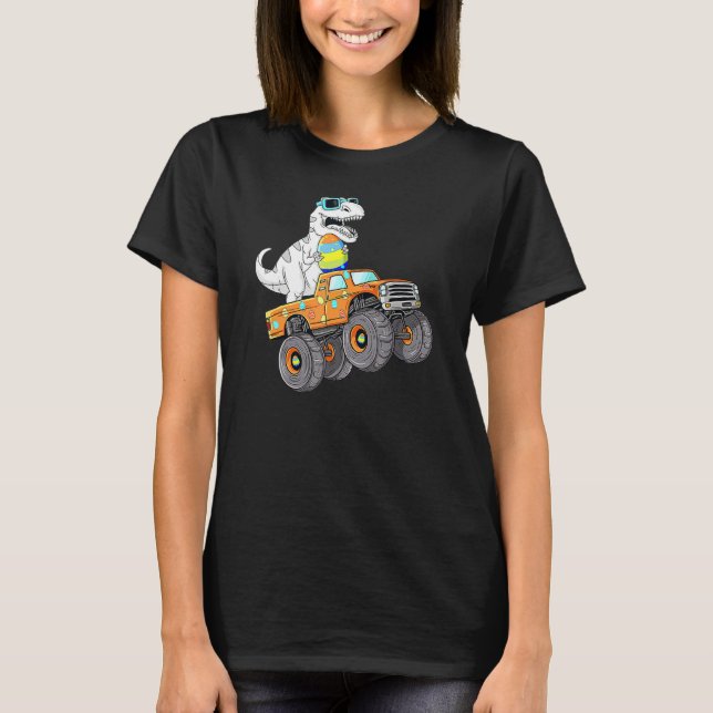 Påsk Dag T Rex Dino Riding a Monster Lastbil Boys Shirt (Framsida)