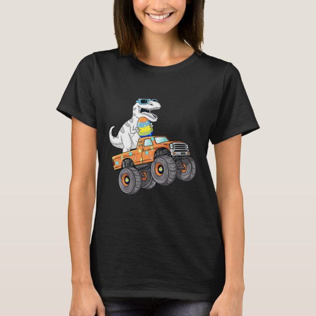 Påsk Dag T Rex Dino Riding a Monster Lastbil Boys Shirt (Framsida)