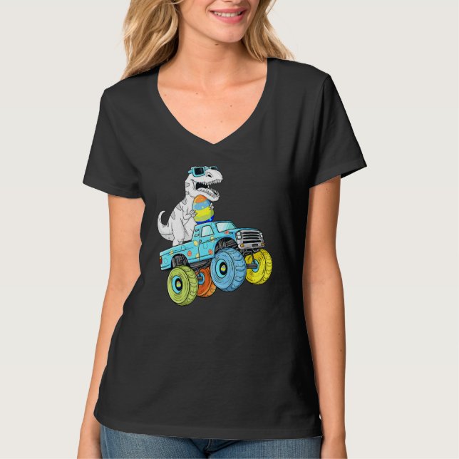 Påsk Dag T Rex Dino Riding a Monster Lastbil Boys Shirt (Framsida)