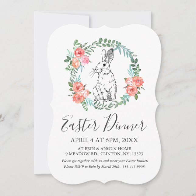 Påsk Dinner Bunny Boho Blommigt Watercolor Inbjuda Julkort (Framsida)
