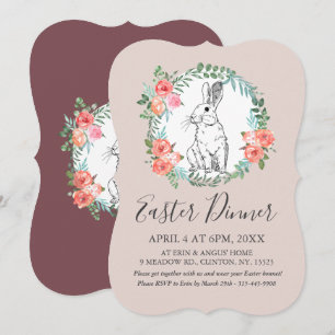 Påsk Dinner Bunny Chic Boho Blommigt Mauve Inbjuda Julkort
