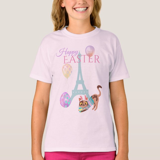 Påsk Eiffel Torn och Cat Pastel Balloons T Shirt (Framsida)