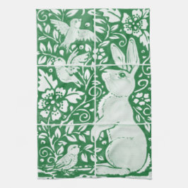 Påsk Emerald Grönt Rabbit Bird Blommigt Tile Art Kökshandduk