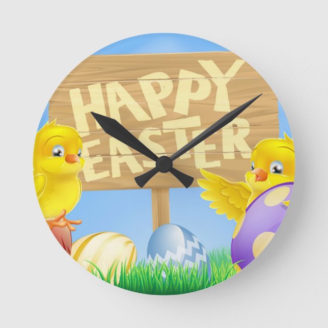 Påsk fåglar och ägg med skylt rund klocka (Framsida)