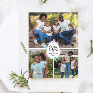 Påsk Family Namn 3 Photo Collage Blommigt Egg Cute Vykort