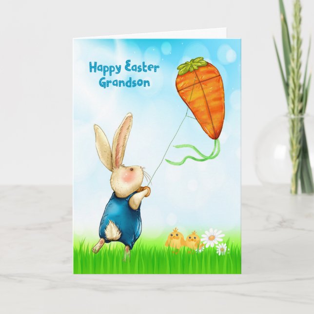 Påsk för Grandson Rabbit Flies Carrot Kite Helgkort (Framsida)
