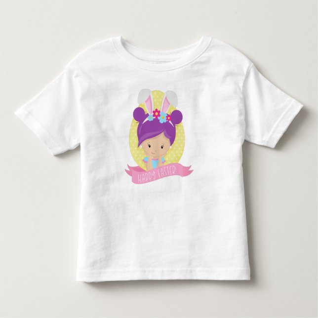 Påsk Girl, Påskägg, Lila Hair, Bunny Öron T Shirt (Framsida)