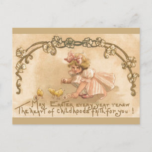Påsk-Girl Rosa Dress Chicks - Antique Postcard Helg Vykort