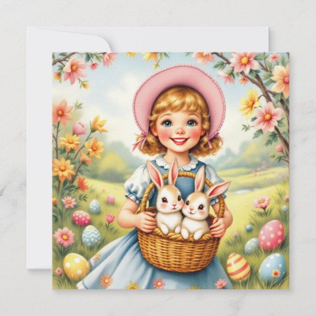 Påsk Girl with Bunnies Julkort (Framsida)