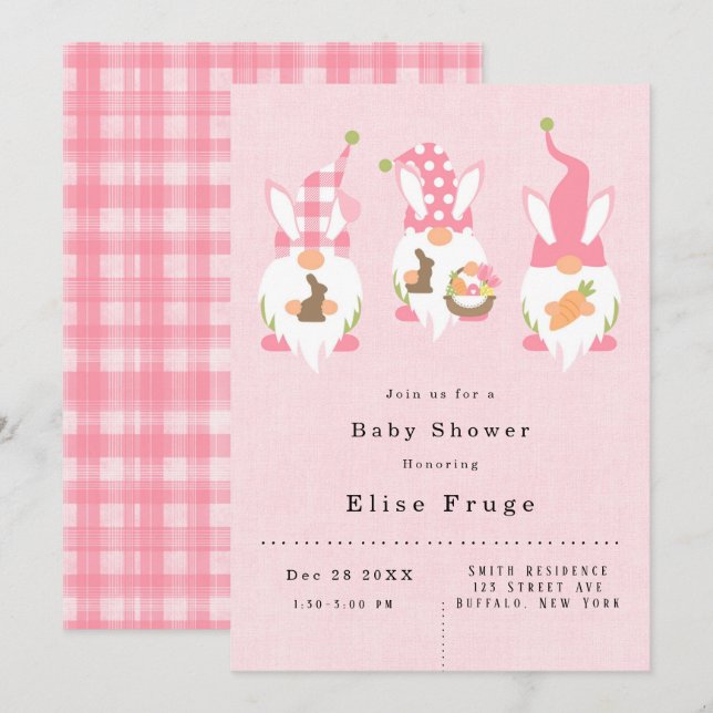 Påsk Gnomes Rosa Girl Baby Shower Inbjudningar (Fram/baksida)