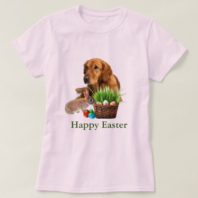 Påsk Golden Retriever Hund och kaninens Rosa T Shirt (Design framsida)