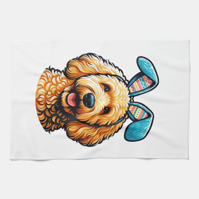 Påsk Goldendoodle Hund som bär kaninöron, Påsk Kökshandduk (Horisontell)