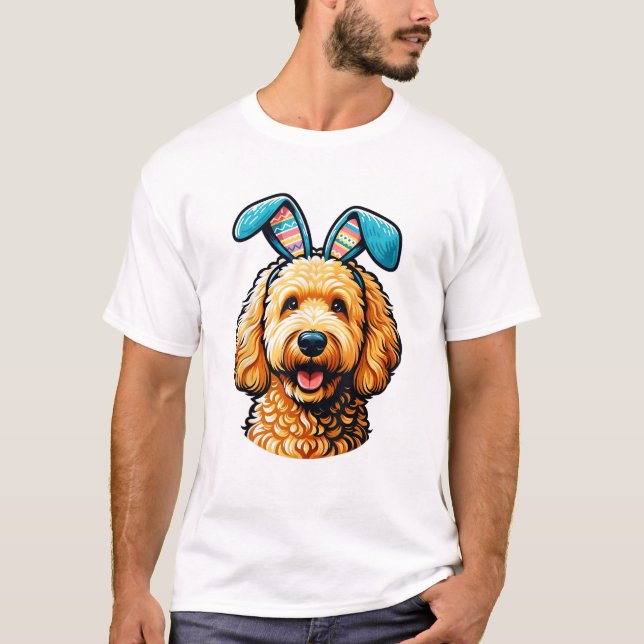 Påsk Goldendoodle Hund som bär kaninöron, Påsk T Shirt (Framsida)