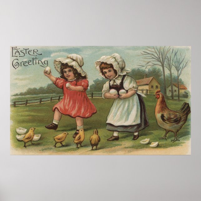 Påsk GreetingLittle Girls Holding Eggs Poster (Framsidan)