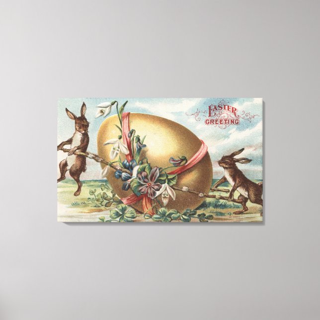 Påsk GreetingsRabbits by a Decorated Egg Canvastryck (Framsida)