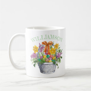 Påsk Gult Lila Blommigt Monogram Namn Basket Kaffemugg