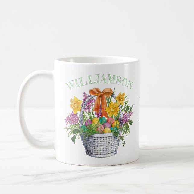 Påsk Gult Lila Blommigt Monogram Namn Basket Kaffemugg (Vänster)