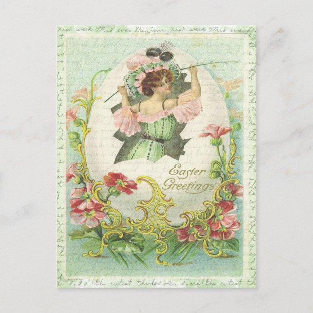 Påsk Hälsning Vintage  Egg Woman Blommigt Vykort (Framsida)