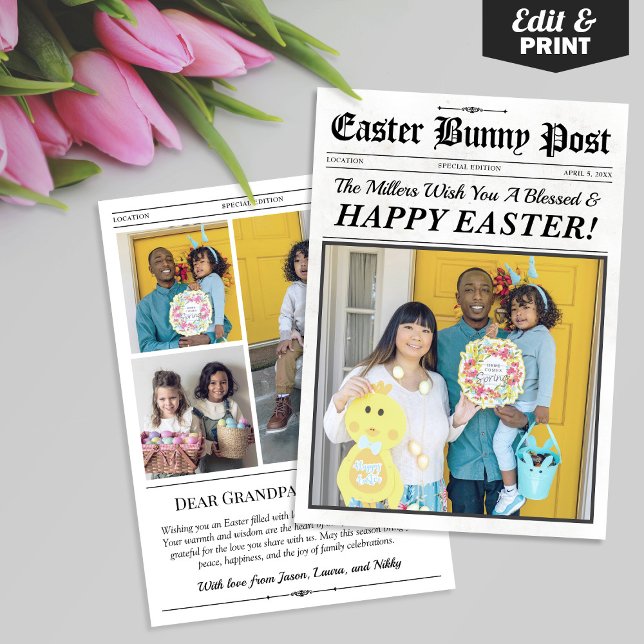 Påsk-hälsningskort för anpassningsbar, tidkort för julkort (Custom Easter Greeting Card, Easter Newspaper Card Vintage)