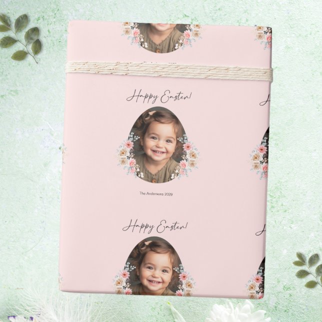 Påsk-inslagning Papper med Blommigt Egg Photo Ram Presentpapper (Easter Wrapping Paper with Floral Egg Photo Frame)
