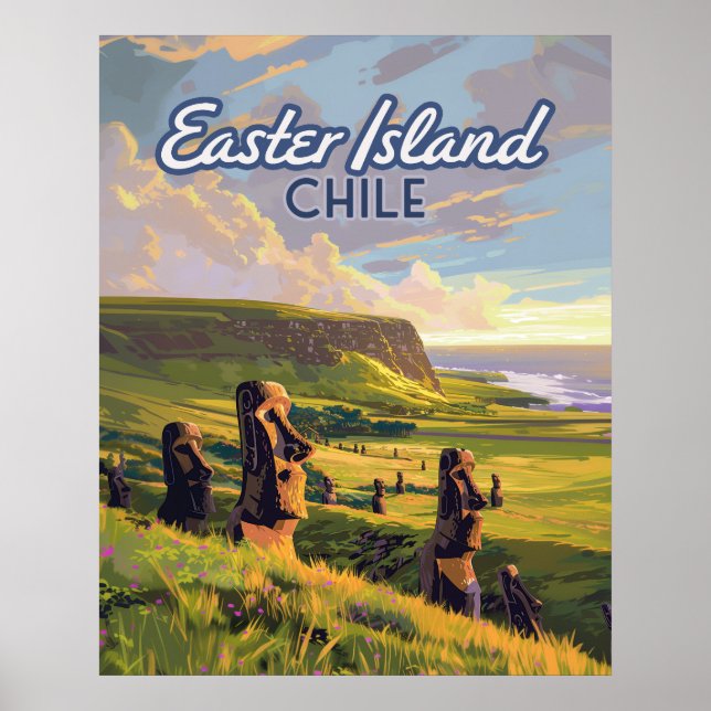 Påsk Island Chile Moai Rapa Nui Polynesia Retro Poster (Framsidan)