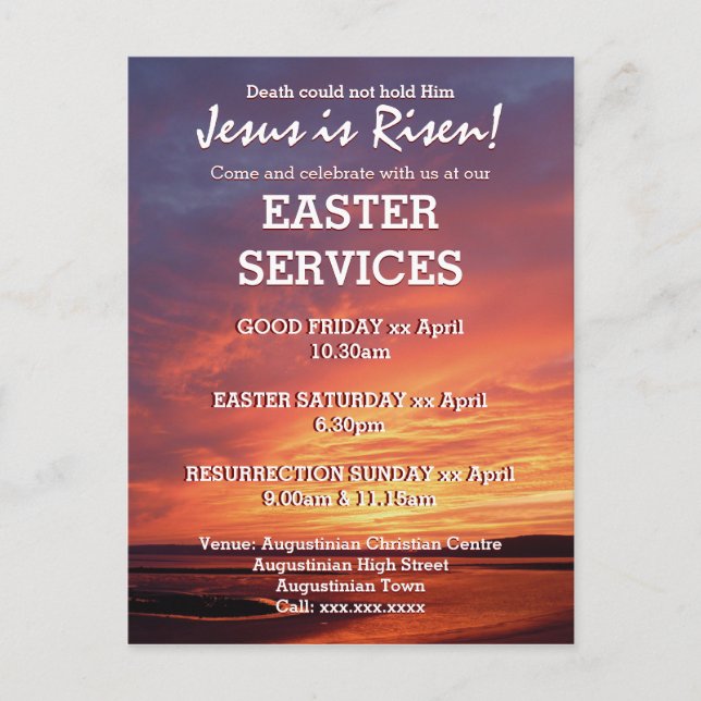 PÅSK Jesus är inkvarterad i Risen CHURCH SERVICES Inbjudan Vykort (Framsida)