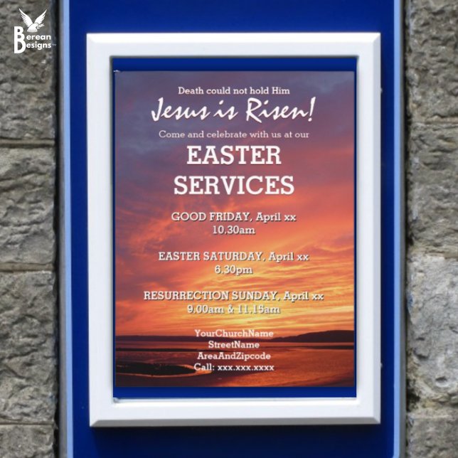 PÅSK Jesus är inkvarterad i Risen CHURCH SERVICES Poster (Jesus is Risen Easter Services poster which can be placed in a display board)