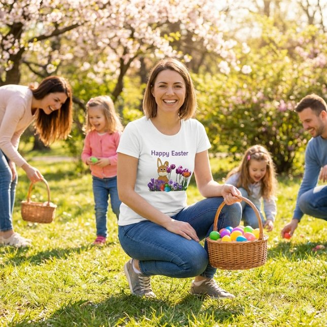 Påsk Kanin med Tulip Flowers Helgdag T-Shirt (Happy Easter T-shirt with purple tulips and cute bunny )