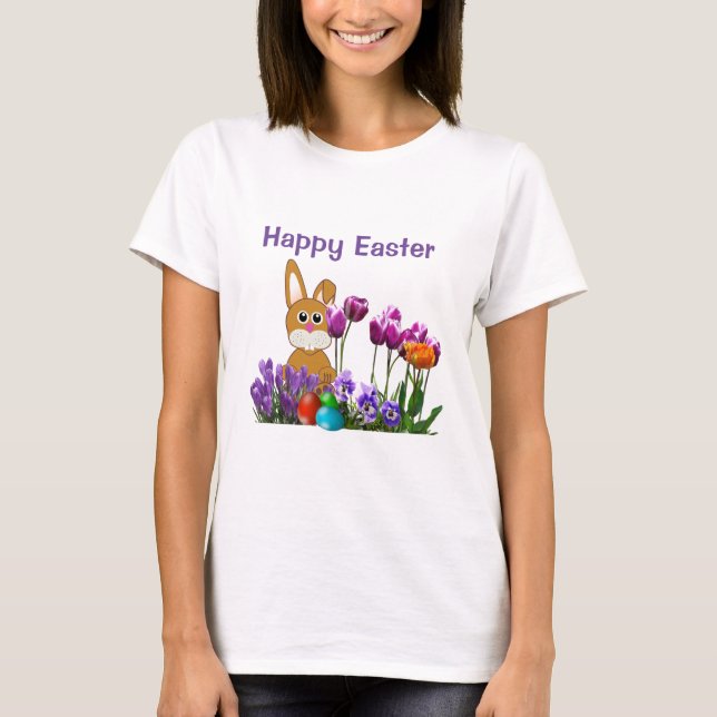 Påsk Kanin med Tulip Flowers Helgdag T-Shirt (Framsida)