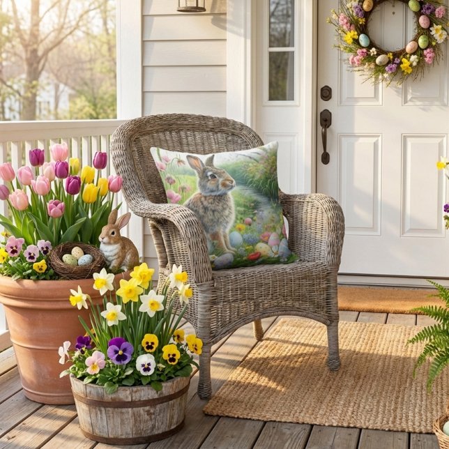 Påsk Kanin Natur Kudde (spring season porch or patio outdoor pillow. )