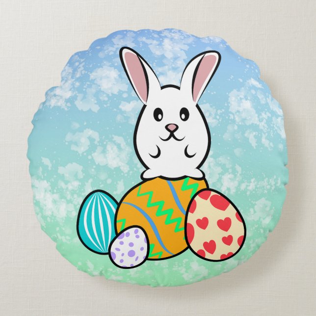 Påsk-kanin på Påskägget Rund Kudde (Framsidan)