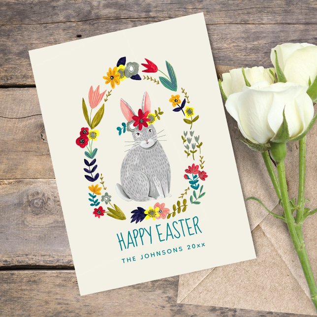Påsk kaninbunny grått blommigt teckning kort (Skapare uppladdad)