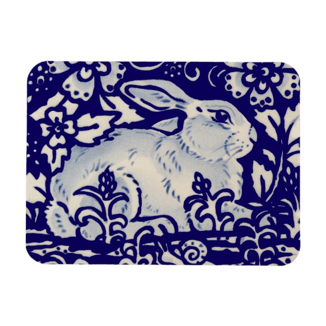 Påsk-kaninens konstnärliga Bunny Blue White-Blommi Magnet (Horisontell)