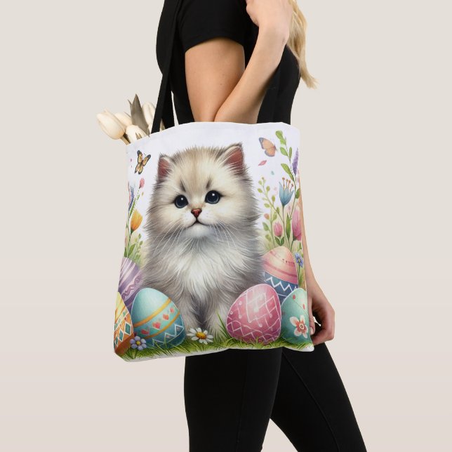 Påsk-kattbag - vattenfärgsdesign tygkasse (Närbild)