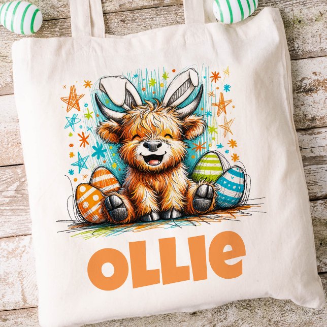Påsk Kids Namn Boys Bunny Highland Cow Tygkasse (Boys Easter Tote)