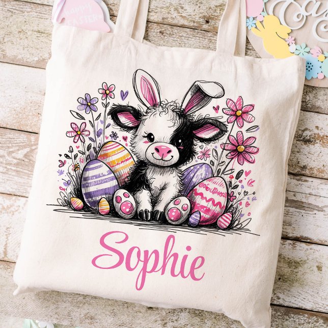 Påsk Kids Namn Girls Bunny Cow Tygkasse (Cow Girls Easter Tote)