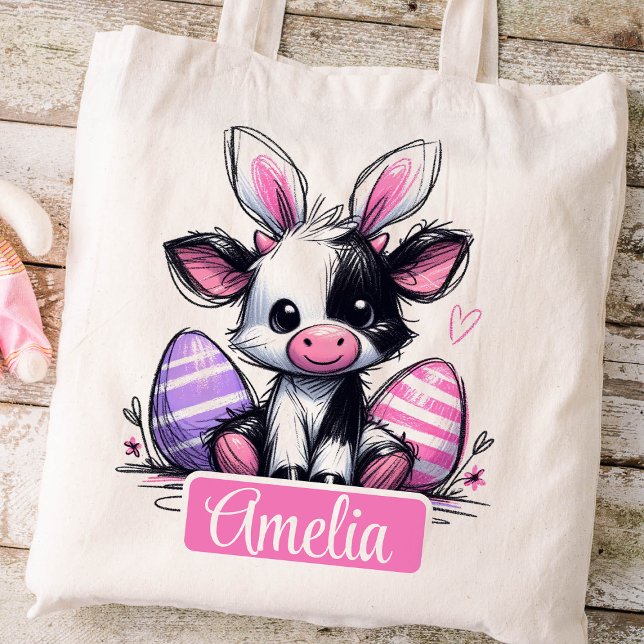 Påsk Kids Namn Girls Bunny Cow Tygkasse (Cow Easter Hunt Tote Bag)