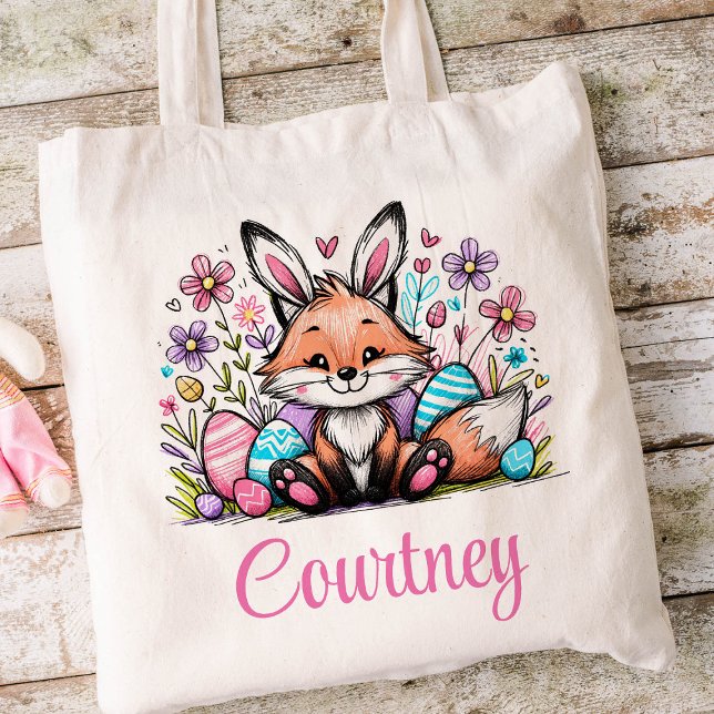 Påsk Kids Namn Girls Bunny Fox Tygkasse (Fox Girls Easter Tote)
